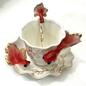 3D GOLDFISH BONE CERAMIC TEA CUP SET COLLECTIBLE